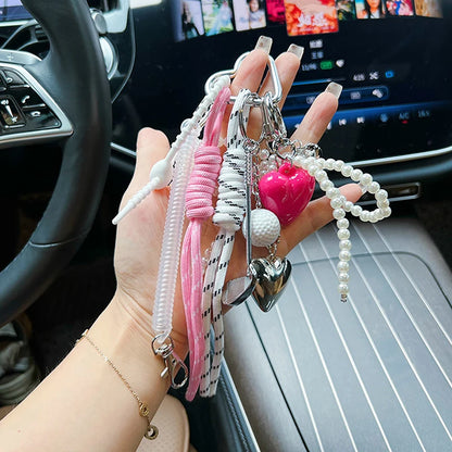 Pearl Charm Keychain with Sports & Heart Pendants – Korean Style