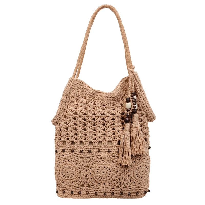Boho Crochet Tote Bag with Bead & Tassel Charm