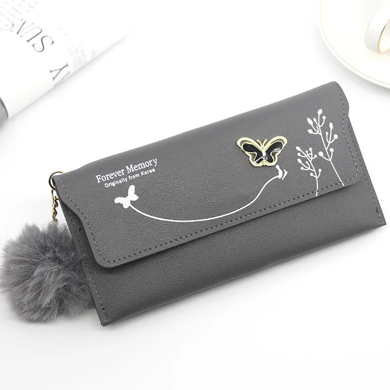 Women's Long Wallet – Butterfly PU Leather Purse with Pom-Pom