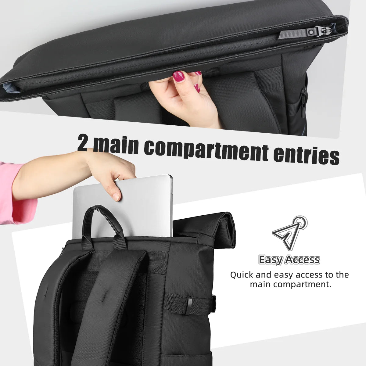 Roll-Top Travel Backpack – Expandable 15.6" Laptop Bag for Men