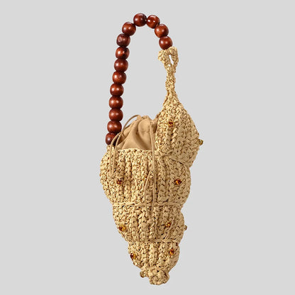 Creative Diamonds Conch Design Straw Bag Handmade Woven Women Handbags Wooden Beading Strap Shoulder