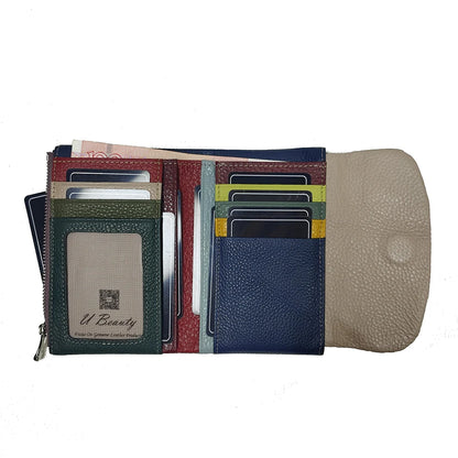 Genuine Leather Women's Short Wallet with Rainbow Interior
