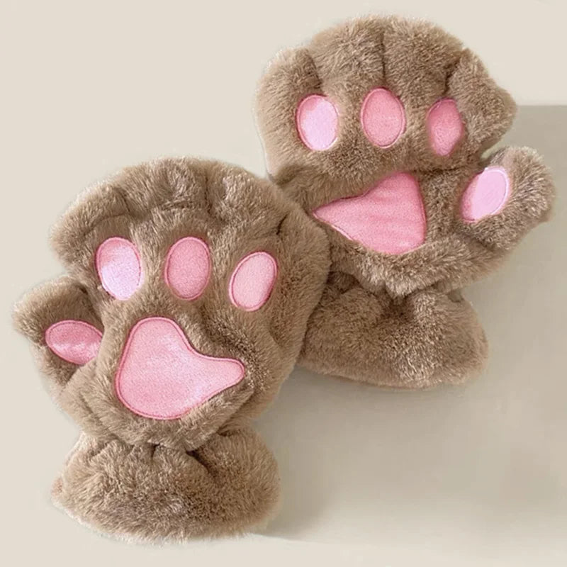 Winter Gloves Women Bear Plush Cat Paw Claw Cute Kitten Fingerless Mittens Christmas Halloween Girls