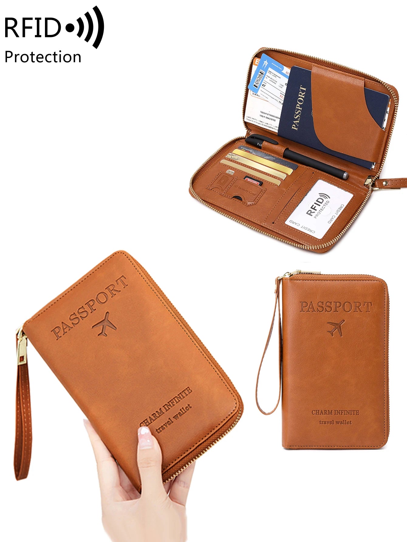 RFID Travel Wallet – Long Passport Holder with Zipper & Wrist Strap