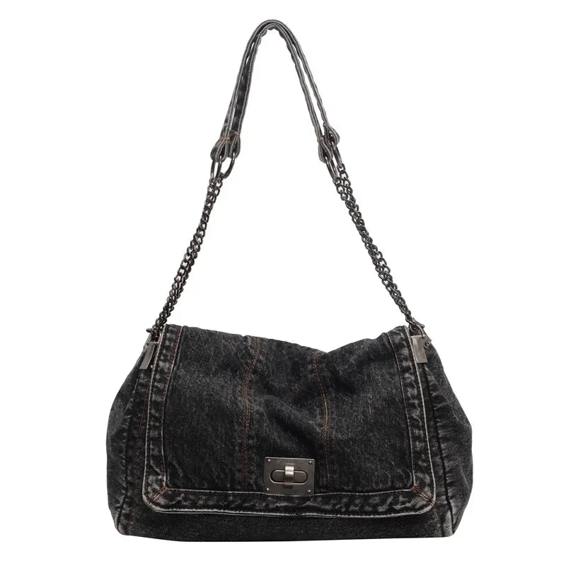 Denim Chain Shoulder Bag for Women – Large Capacity Retro Hobo