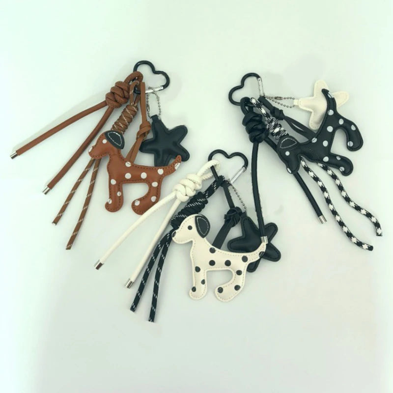 Dalmatian Leather Keychain Bag Charm with Braided Rope Tassel