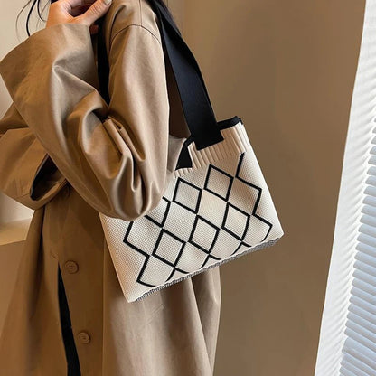 Knit Tote Bag – Argyle Diamond Pattern Large Capacity Shoulder Bag