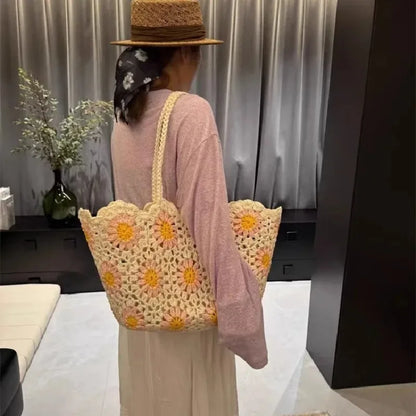 Handmade Crochet Flower Tote Bag for Women