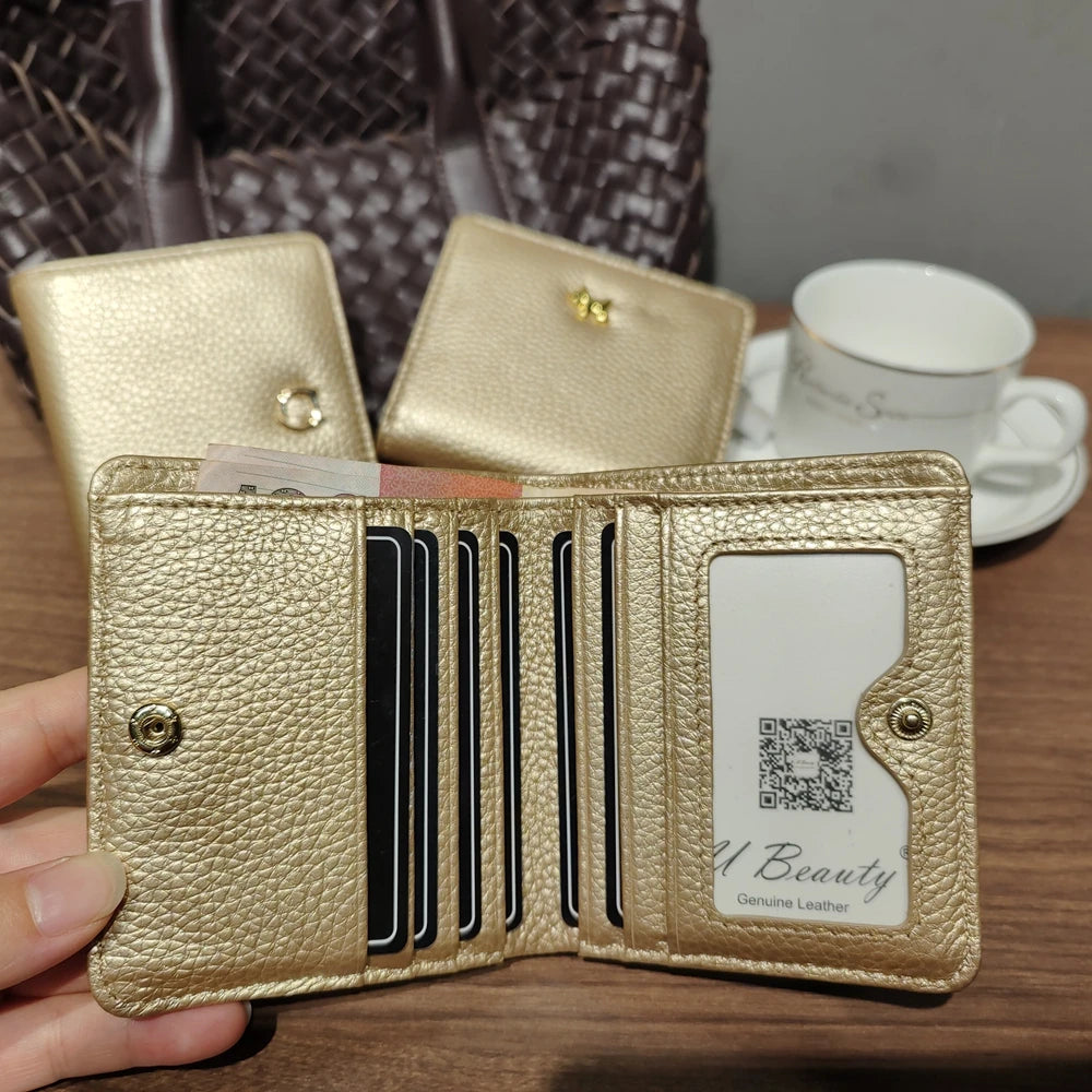 Gold Genuine Leather Women's Short Wallet with Animal Button Clasp