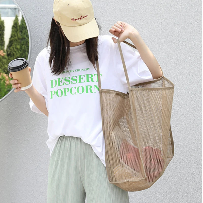 Mesh Tote Bag – Large Capacity Shoulder Bag for Beach, Travel & School