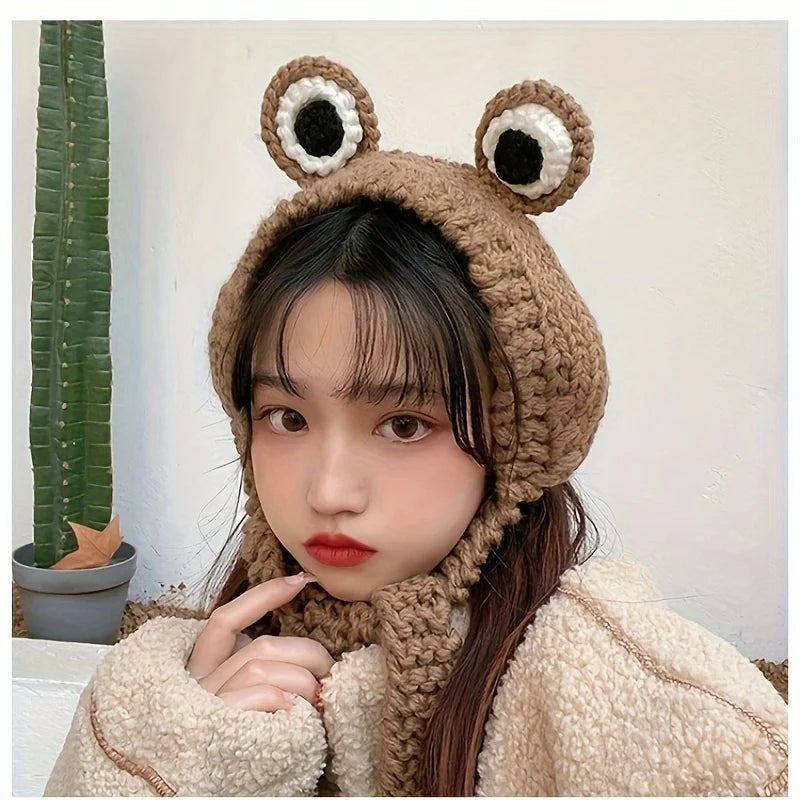 Frog Beanie Hat – Cute Knitted Winter Skull Cap for Women
