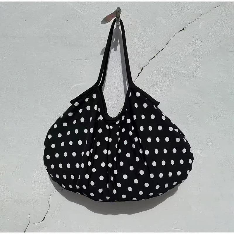 Minimalist Polka Dot Canvas Tote Bag Large Capacity Curved Underarm Shoulder Women Soft Lightweight
