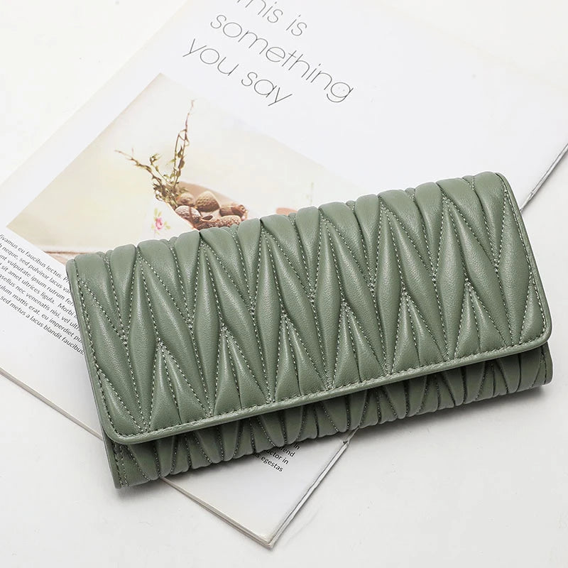 Genuine Sheepskin Leather Long Wallet for Women – Pleated Clutch Purse