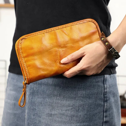 Genuine Leather Long Wallet – Vintage Zipper Clutch for Men & Women