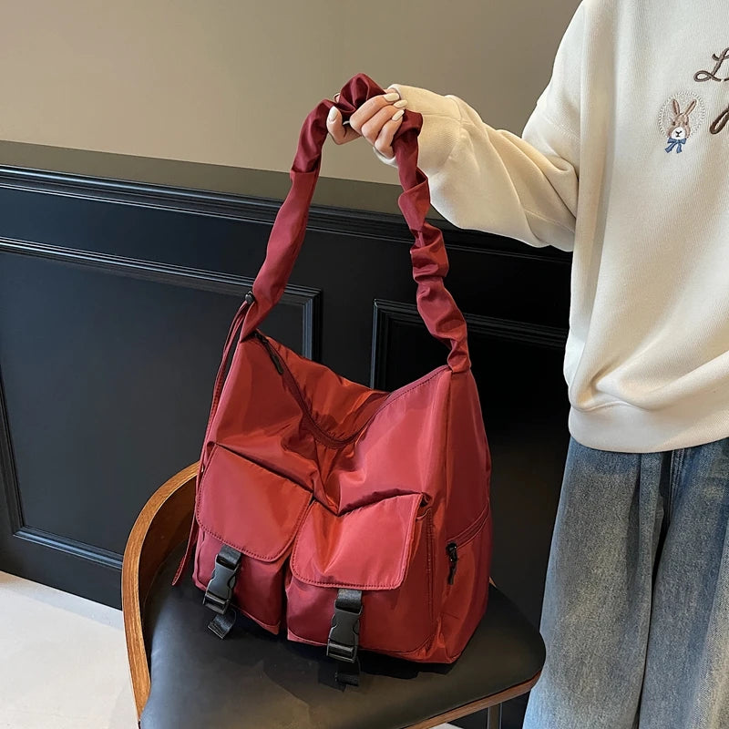 Moods Pleated Design Crossbody Bags Girls Nylon Fabric Multi Pockets Large Capacity Messenger Bag