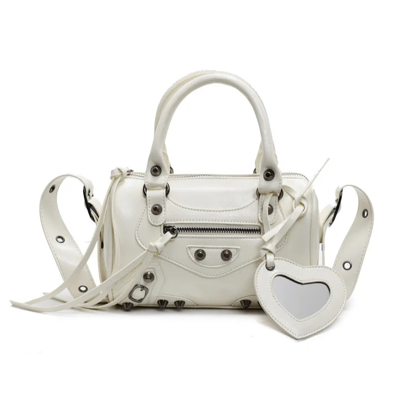 Mini Leather Cylinder Bag – Rivet Crossbody Handbag for Women