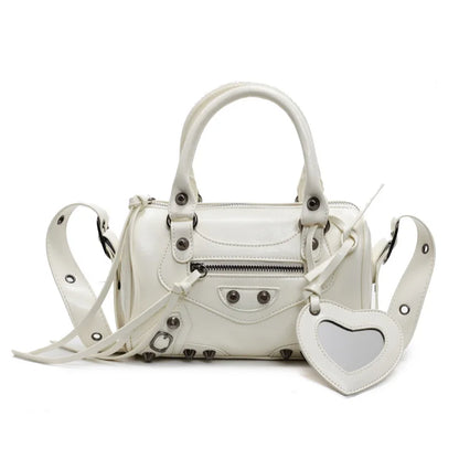 Mini Leather Cylinder Bag – Rivet Crossbody Handbag for Women
