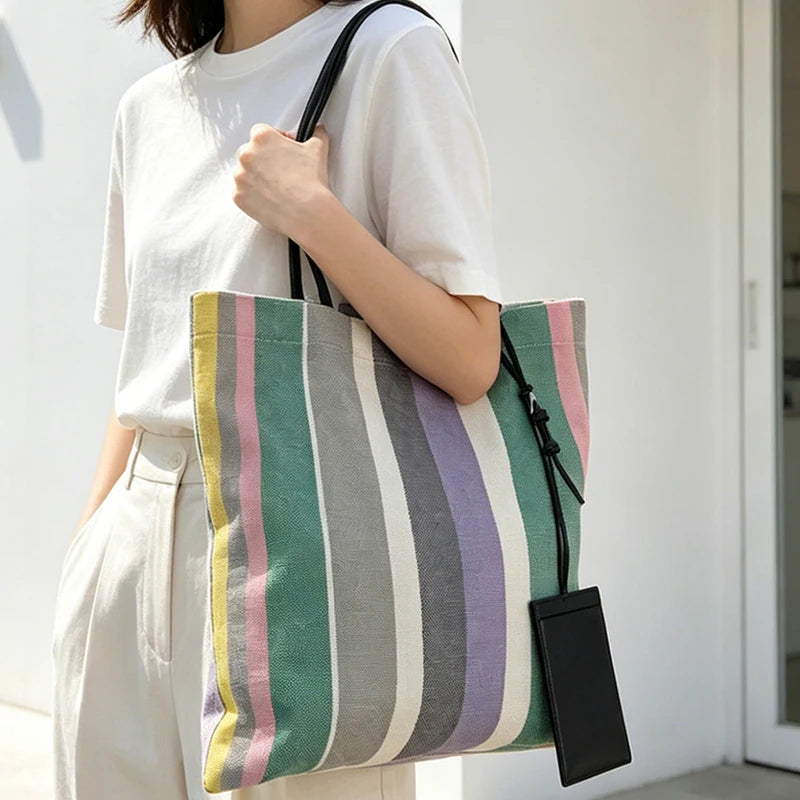 Rainbow Striped Tote Bag – Designer Shoulder Bag with Card Holder