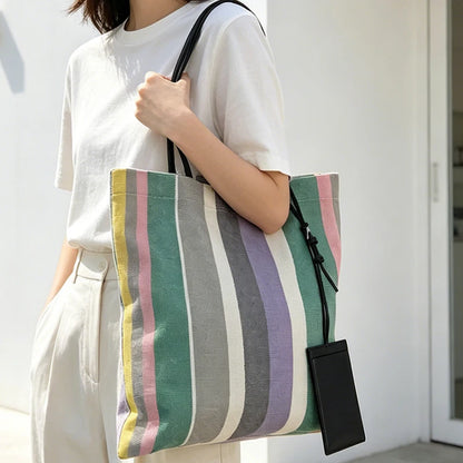 Rainbow Striped Tote Bag – Designer Shoulder Bag with Card Holder