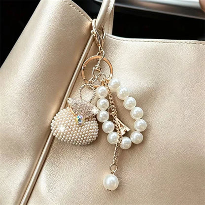 Crystal Rhinestone Keychain – Pearl Bead Handbag Charm Key Ring