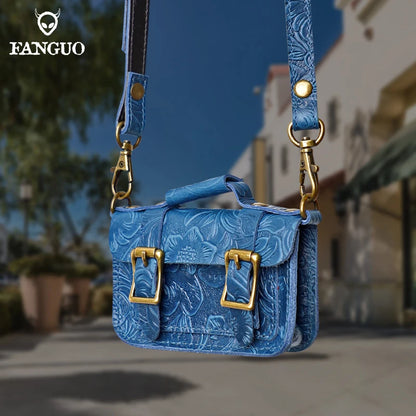 Genuine Leather Mini Crossbody Bag – Floral Embossed Satchel for Women