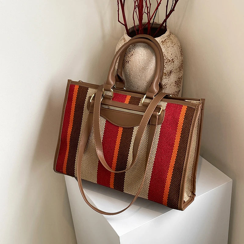 Moods Classic Striped Shoulder Tote Bags Women Large Capacity Shopping Top-Handle Bag Luxury