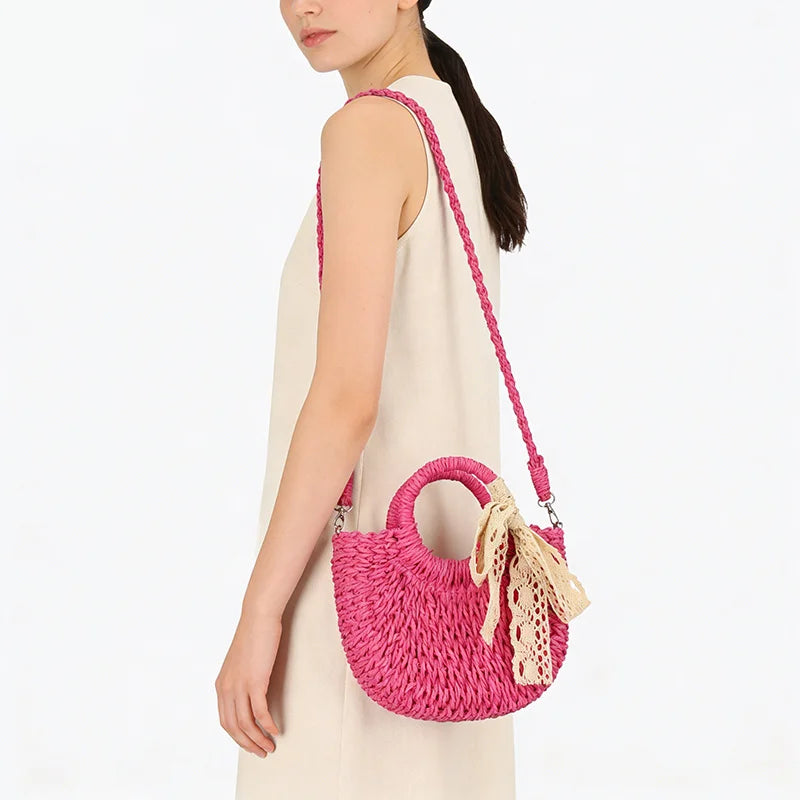 Moon Shape Straw Bag for Women – Woven Rattan Tote with Lace Bow