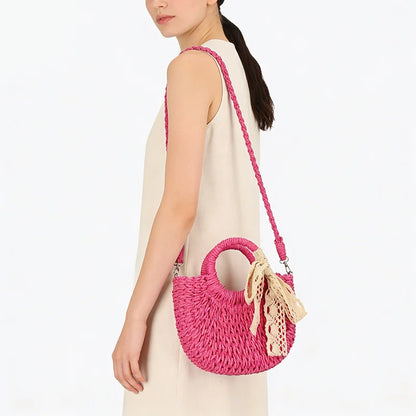 Moon Shape Straw Bag for Women – Woven Rattan Tote with Lace Bow