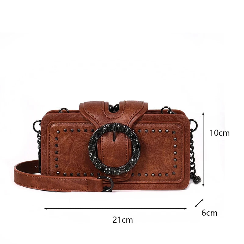 Studded Crossbody Bag – Punk Rhinestone Buckle Chain Shoulder Bag