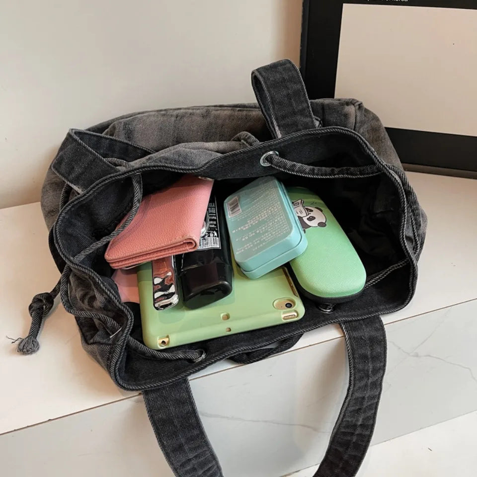 Denim Crossbody Tote Bag for Women – Large Capacity Retro Shoulder Bag