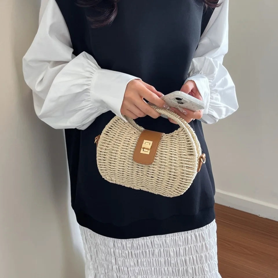 Rattan Woven Half Moon Crossbody Bag – Women's Straw Shoulder Bag