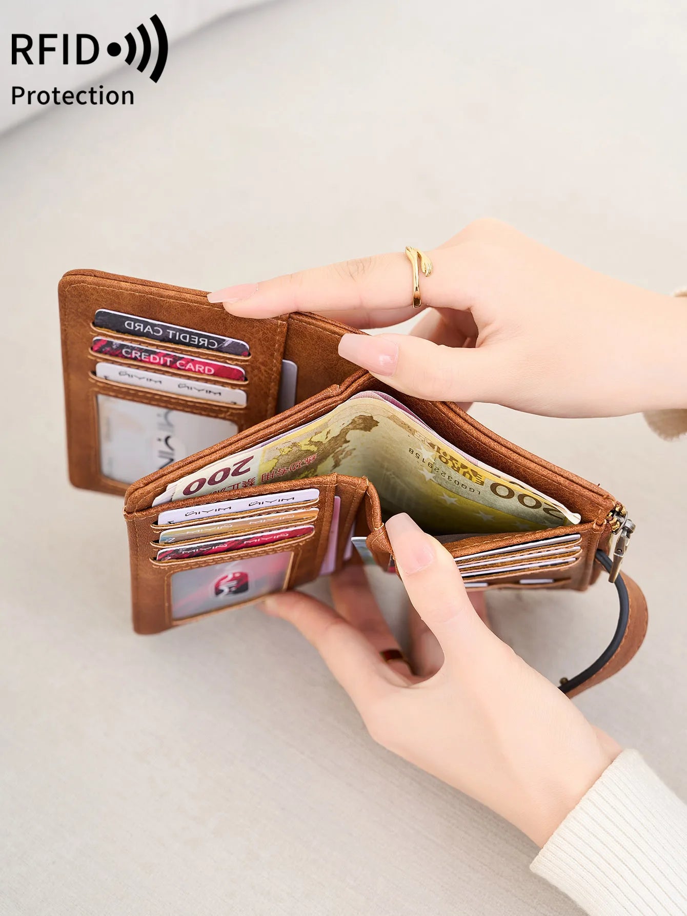 RFID Anti-Theft Women's Wallet – Retro Trifold Coin Purse with Zipper Closure