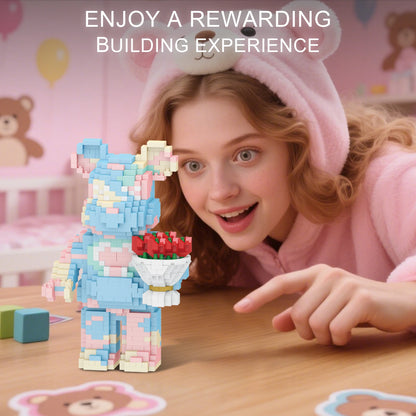 Kawaii Teddy Bear with Rose Bouquet Micro Building Blocks Set – 1090 Pieces