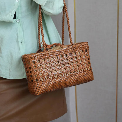 Handmade Woven Leather Tote Bag – Hollow Drawstring Shoulder Bag