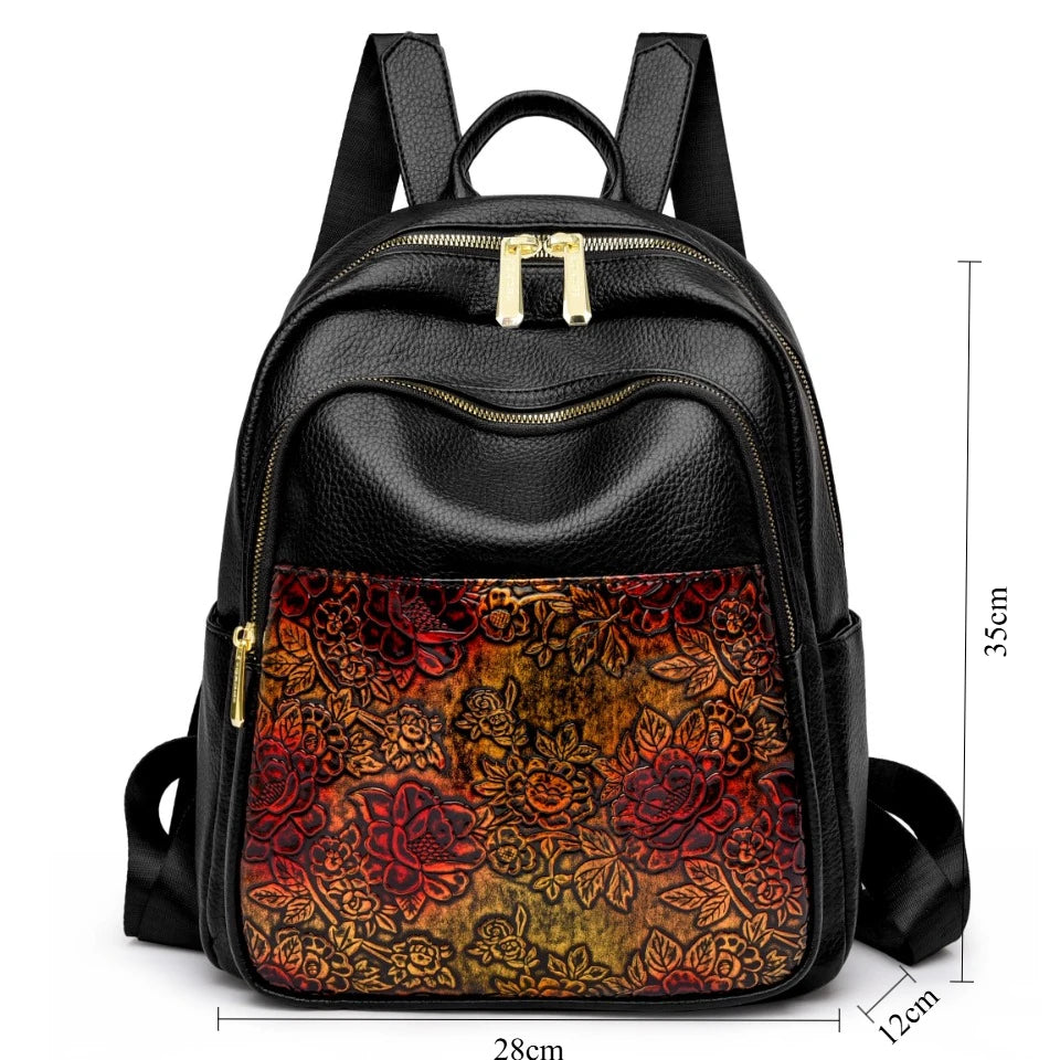 Floral Embossed Leather Backpack for Women – Large Capacity