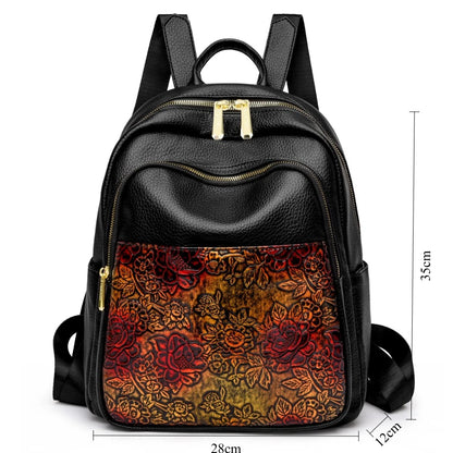 Floral Embossed Leather Backpack for Women – Large Capacity