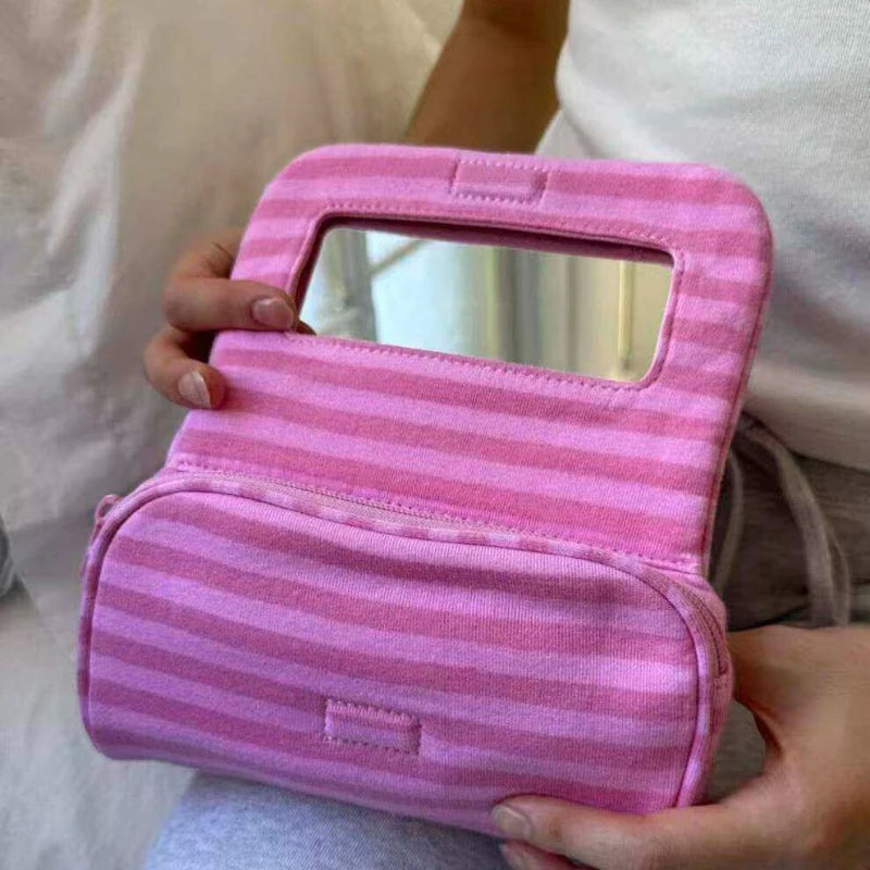 Makeup Bag with Mirror – Korean Striped Cosmetic Pouch