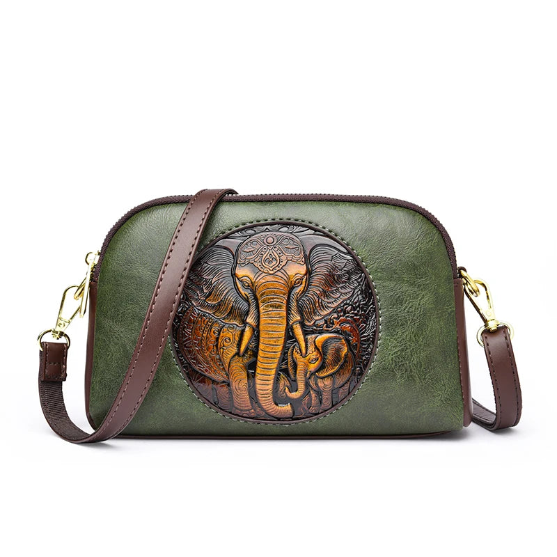 Vintage Elephant Embossed Leather Crossbody Bag for Women – Retro Messenger