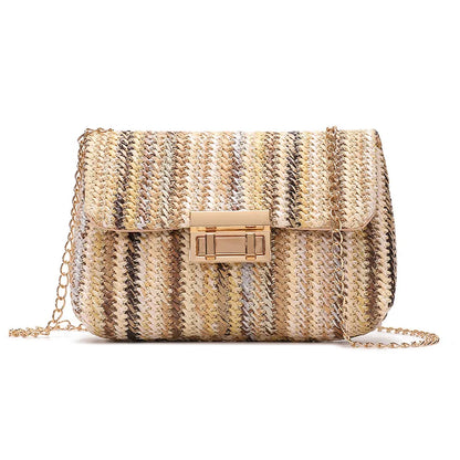 Rainbow Stripe Straw Crossbody Bag for Women – Chain Flap Handbag