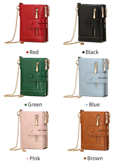 Women's Double Zipper Short Wallet with Detachable Chain