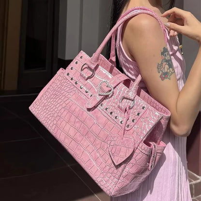 Pink Crocodile-Print Handbag with Heart Detail – Large Capacity Tote