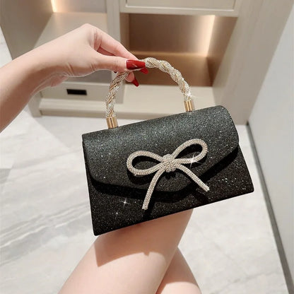 Glitter Evening Clutch Bag – Diamond Bow Chain Crossbody Purse