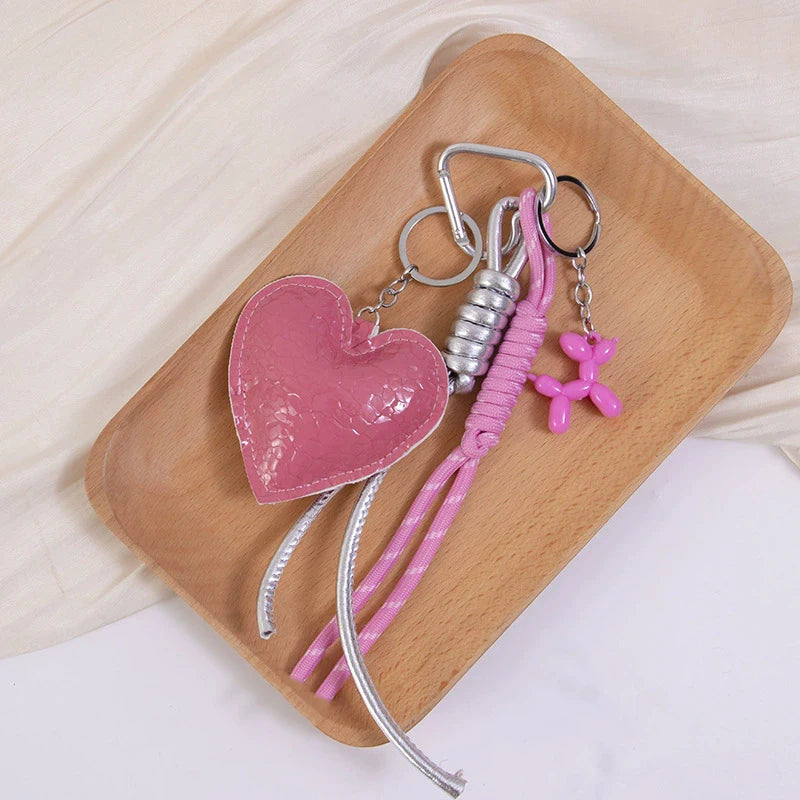 Leather Heart Keychain – Cute Beaded Bow Keyring with Bag Charm