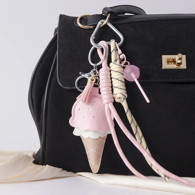 Ice Cream Cone Keychain Bag Charm with Woven Rope Tassel