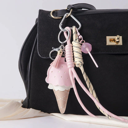 Ice Cream Cone Keychain Bag Charm with Woven Rope Tassel