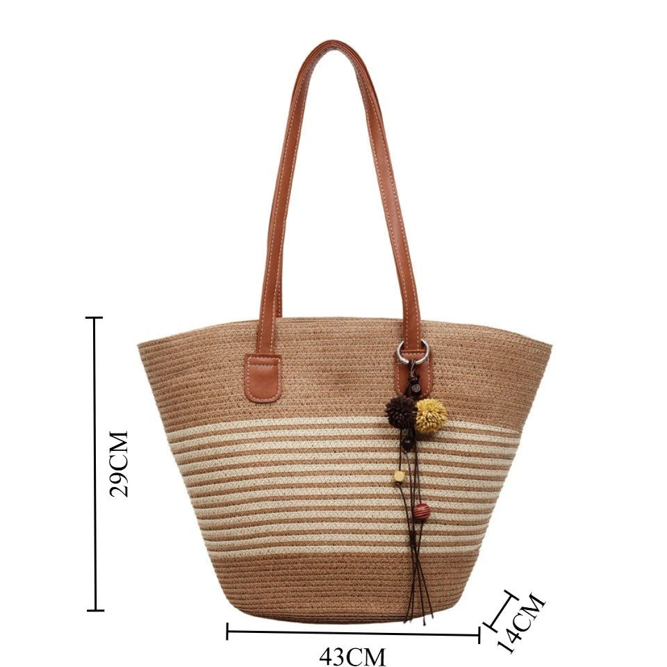 Straw Beach Tote Bag for Women – Large Handmade Stripe Shoulder Bag
