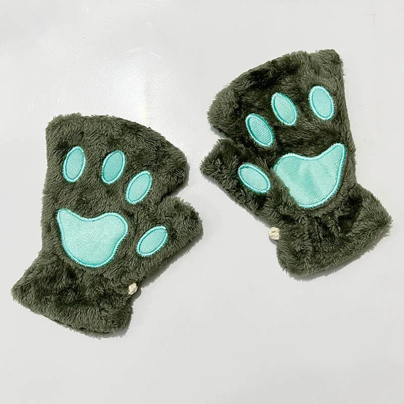 Cat Paw Fingerless Gloves – Cute Fluffy Winter Mittens for Women & Girls