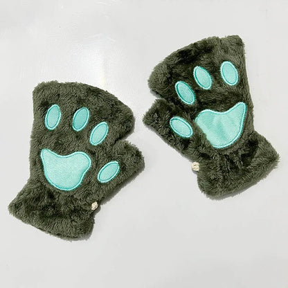 Cat Paw Fingerless Gloves – Cute Fluffy Winter Mittens for Women & Girls