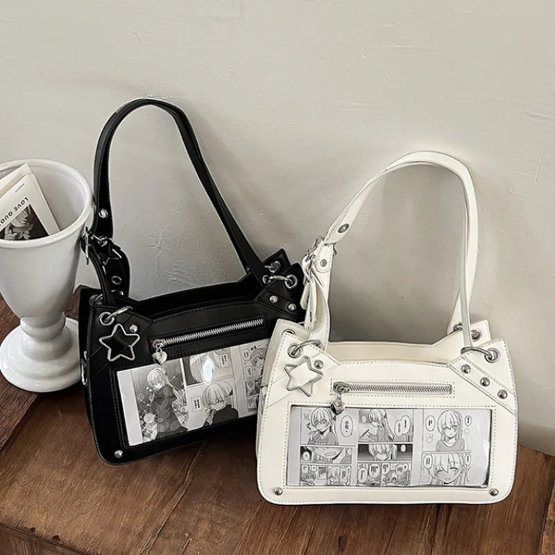 Y2K Ita Bag - Star Rivet Transparent Window Shoulder Bag for Women