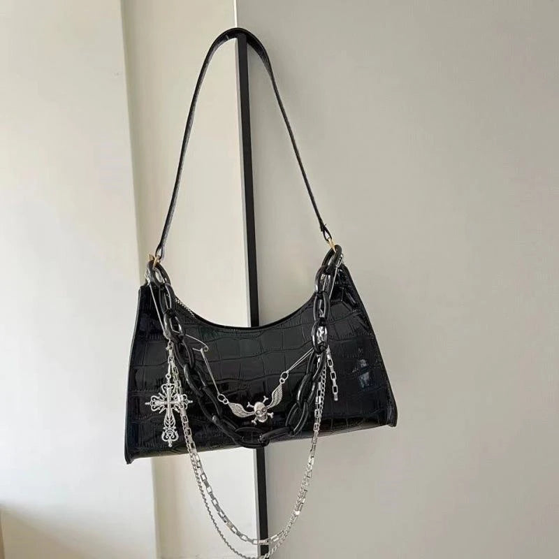 Y2K Skull Shoulder Bag – Crocodile Pattern Dark Punk Handbag